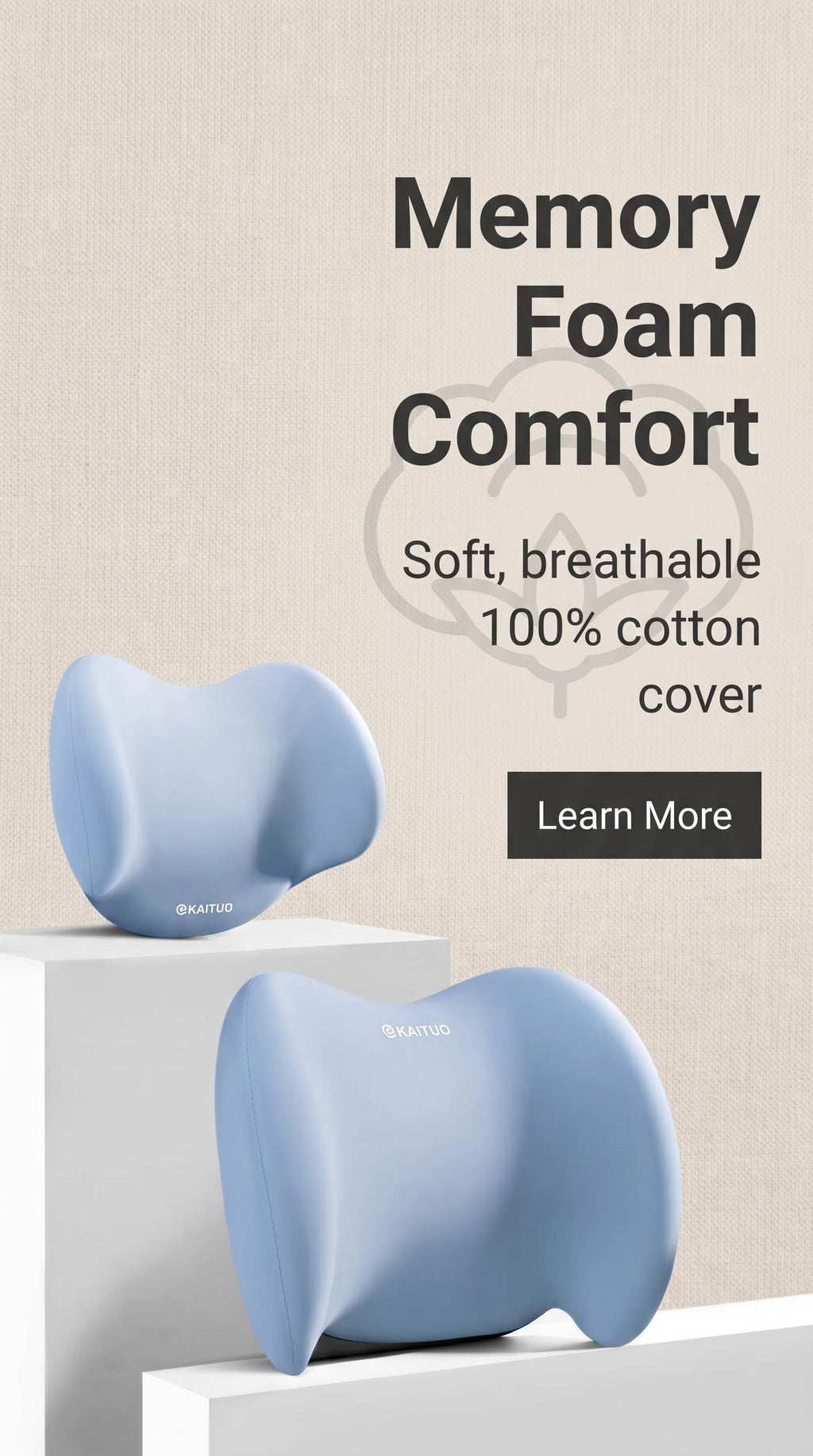 Blue memory foam pillow with text about comfort and material on a light background
